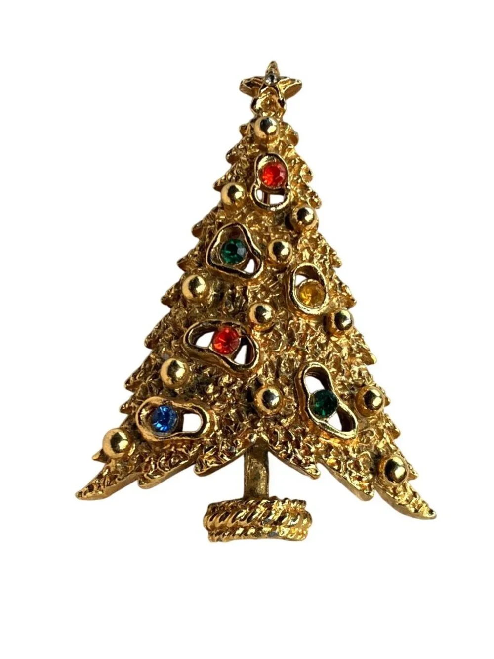 Gold Tone Christmas Tree Pin Brooch Multicolor Rhinestones Star Accent Signed